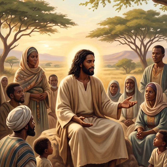 Jésus assis parmi des hommes, des femmes et des enfants, dans la lumière du soir.